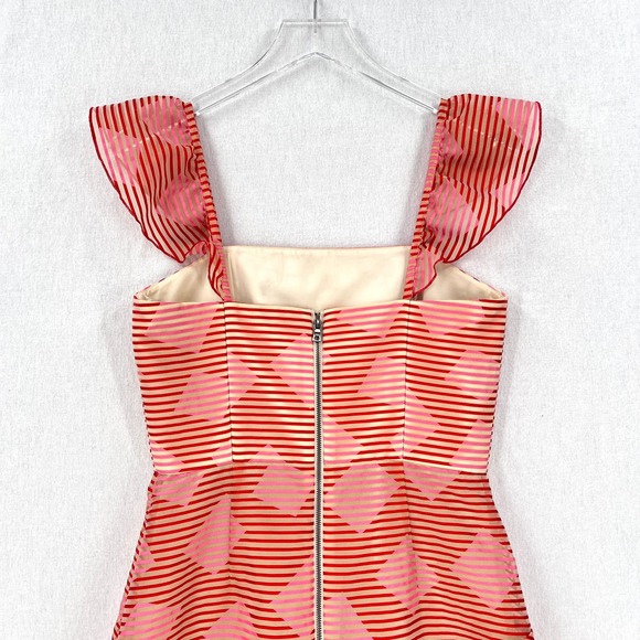 ALICE + OLIVIA Angelita Dress Women 4 Red Pink Sheer Stripe Ruffle Layered Party - Picture 11 of 16